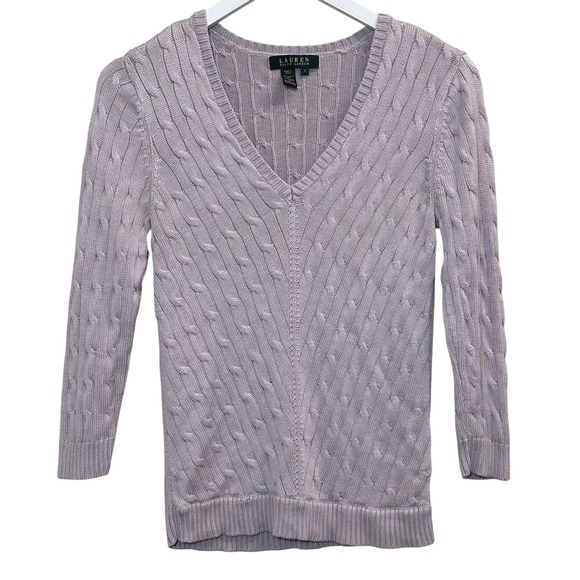 Lauren Ralph Lauren Lilac Cable Knit V-Neck Sweater Women's Small Classic Preppy - Picture 1 of 8